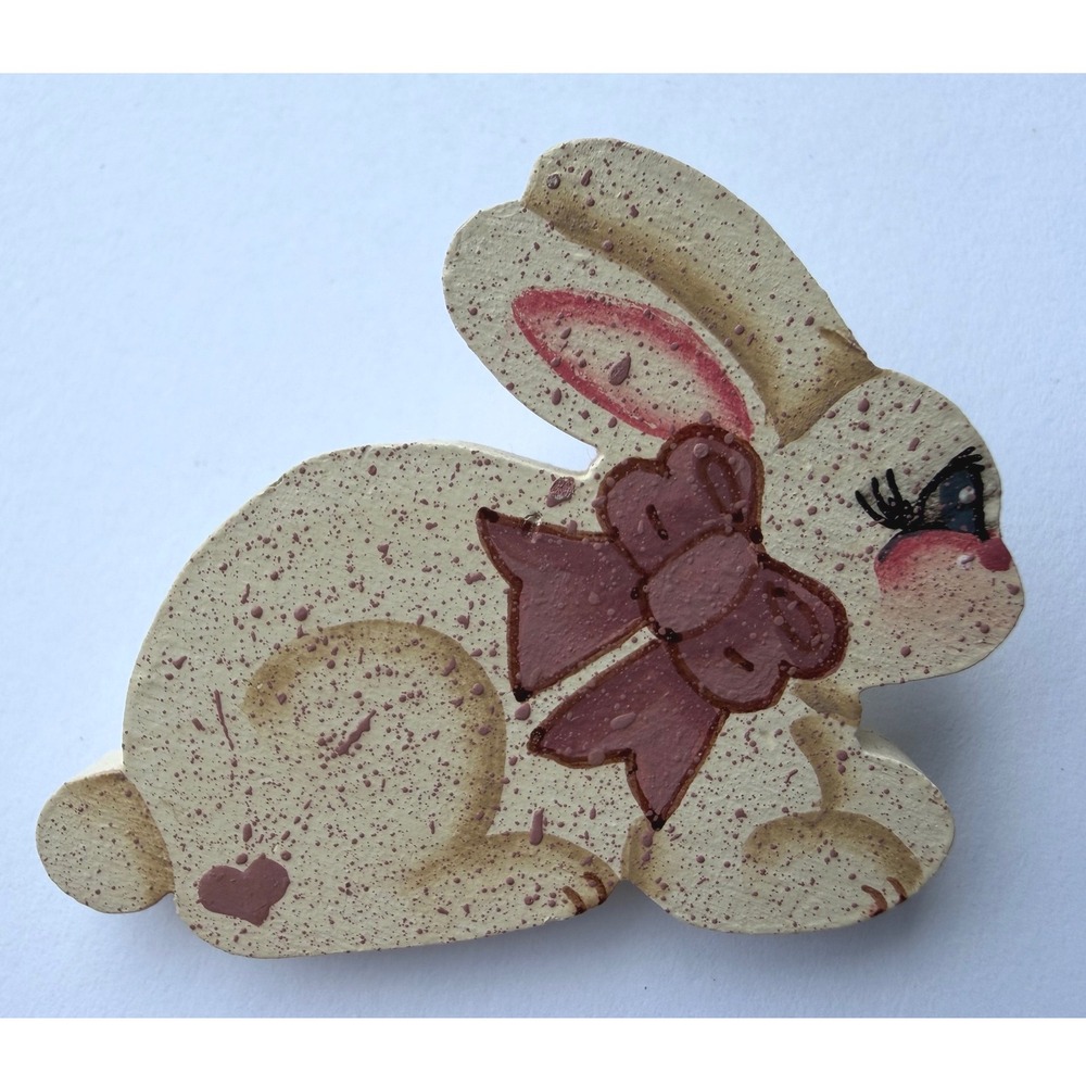 Vintage 90s Handmade Wooden Bunny Brooch Hand Painted Rabbit Pin Cottagecore